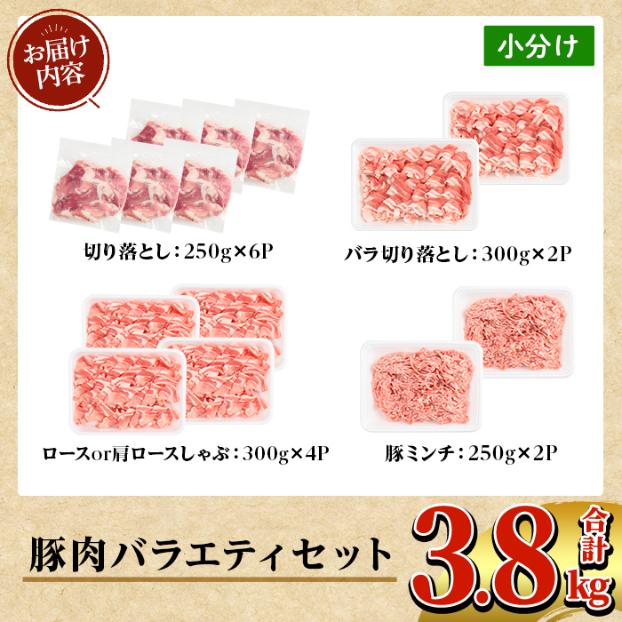 K-309 鹿児島県産豚肉バラエティーセット (計3.8kg) 【TRINITY】霧島市  国産 冷凍 小分け 豚肉 ぶた ブタ 肉 バラ肉 バラ ロース 肩ロース 切り落し ミンチ セット