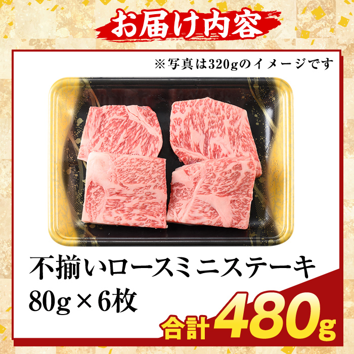 K-479-B ＜訳あり＞鹿児島県産A5等級黒毛和牛不揃いロースミニステーキ(計480g) 【ふるさと産直バザール】霧島市 牛肉 国産 鹿児島県産 赤身肉 不揃い ワケアリ ロース ステーキ 肉 精肉