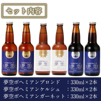 A4-013 《数量限定・ANAオリジナルラベル》3種飲み比べ夢空ビール6本セット（ブロンド2本・ケルシュ2本・ガーネット2本）【河内菌本舗】
