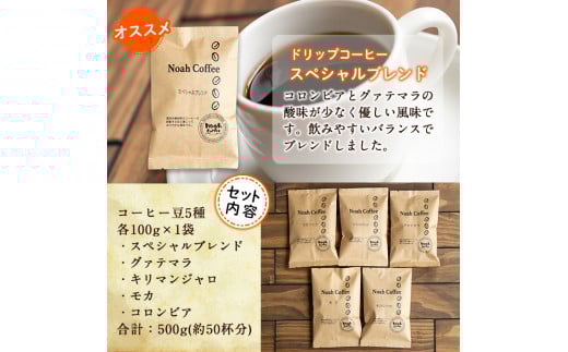 A-172 ＜豆を挽いて粉の状態でお届け＞珈琲豆100g×5種詰め合わせ【ノア・コーヒー】霧島市 コーヒー 粉 詰め合わせ 詰め合せ セット