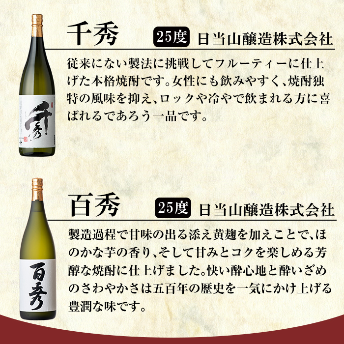 B-001 鹿児島本格芋焼酎「千秀・百秀」各1800ml(一升瓶)飲み比べセット【赤塚屋百貨店】霧島市 いも焼酎 一升瓶 酒 老舗酒屋 厳選 地酒 詰め合わせ 日当山醸造