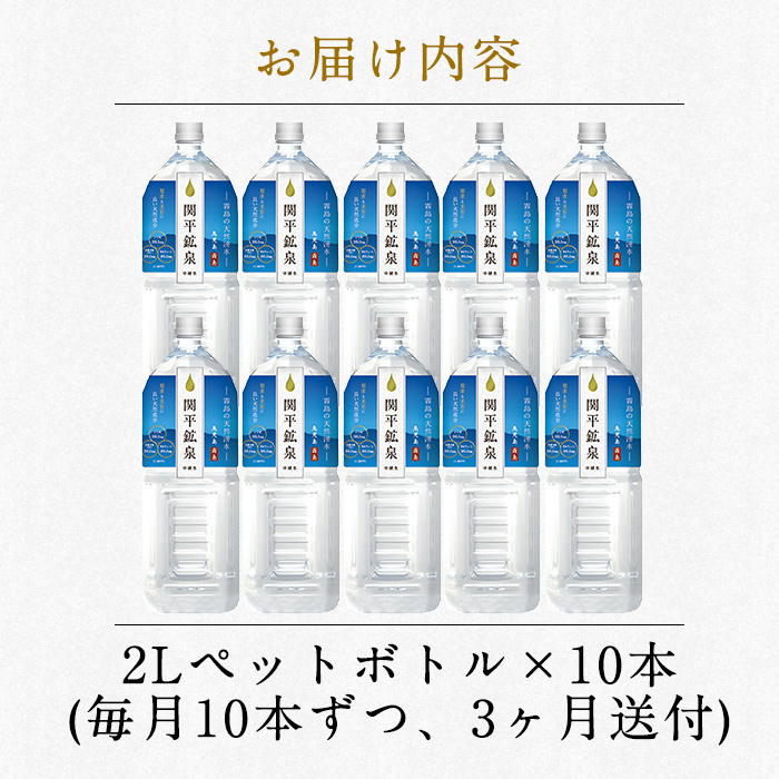 K-187 ＜定期便・全3回＞関平鉱泉水2Lペットボトル×10本ずつお届け(計30本)【関平鉱泉所】霧島市 水 2l ミネラルウォーター 温泉水 シリカ シリカ水 ミネラル成分 飲料水 2リットル 水2リットル 定期便