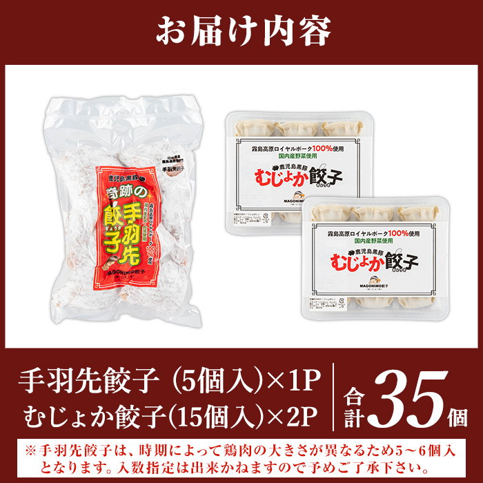K-285-C 霧島高原純粋黒豚使用！餃子2種セット(手羽先餃子5個×1P・むじょか餃子15個×2P 計35個)【MAGONIMO餃子】霧島市 餃子 ぎょうざ 手羽 生餃子 黒豚 豚 惣菜 総菜 時短 おかず