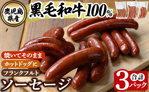 K-049 鹿児島県産黒毛和牛100％使用！ソーセージ3パック(120g×1P・5本入り、150g×1P・3本入り、150g×1P・5本入り)【窪田畜産】霧島市 肉 牛肉 牛 黒毛和牛 加工品 フランクフルト ホットドッグ BBQ バーベキュー おつまみ お弁当