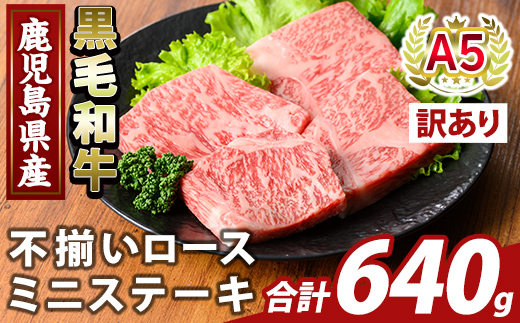 K-479-C ＜訳あり＞鹿児島県産A5等級黒毛和牛不揃いロースミニステーキ(計640g) 【ふるさと産直バザール】霧島市 牛肉 国産 鹿児島県産 赤身肉 不揃い ワケアリ ロース ステーキ 肉 精肉