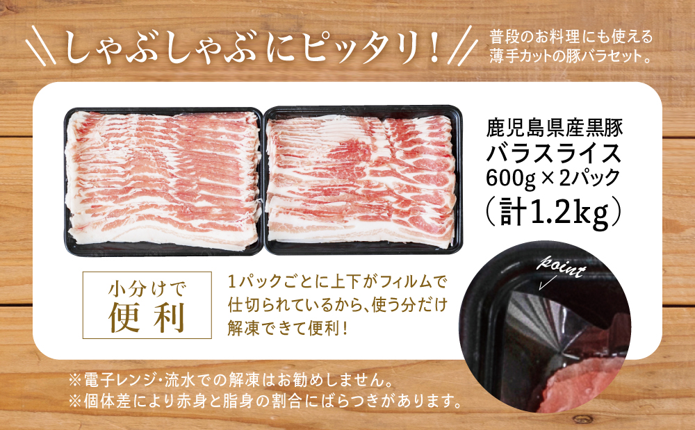 【鹿児島県産】黒豚 バラスライス 1.2kg （600g×2）