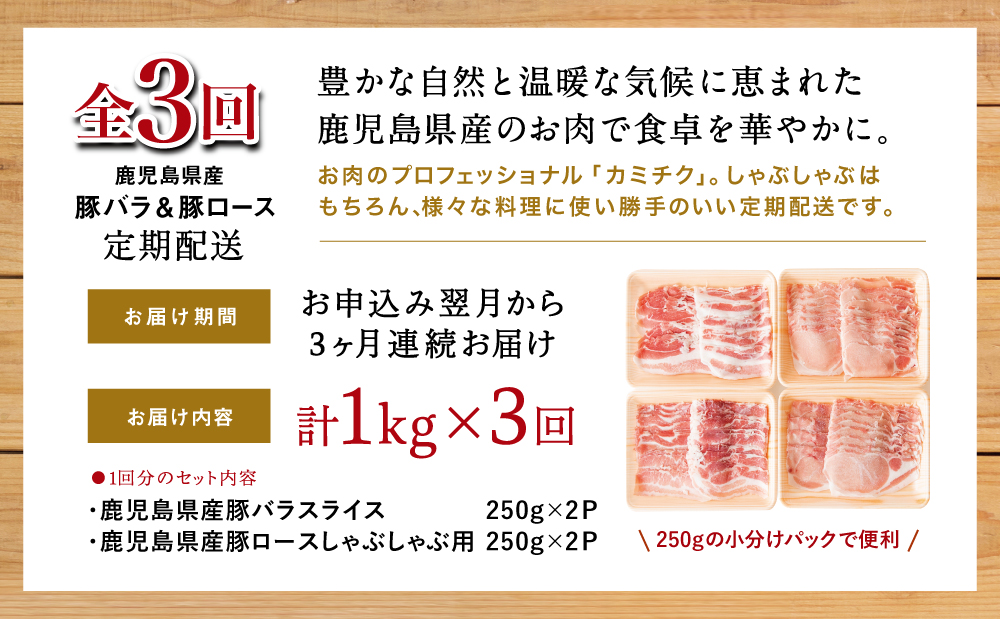 【定期便 全3回】カミチクのしゃぶしゃぶ用 豚肉 2種類 計1kg × 3回 ～鹿児島県産 ロース ＆ バラ 合計3kg 豚肉 ローススライス バラスライス 豚バラ しゃぶしゃぶ グルメ 小分け 冷凍 カミチク 南さつま市