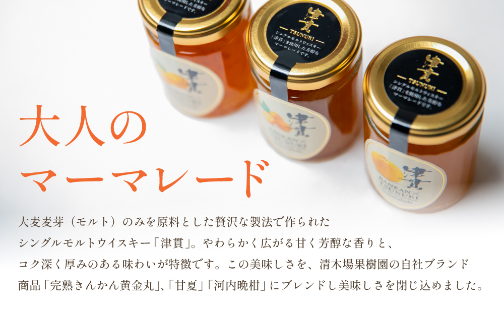 【清木場果樹園】柑橘マーマレード 3種セット シングルモルト津貫 ウイスキー使用 金柑 甘夏 河内晩柑 ジャム パンやヨーグルトに フルーツ アソート 3本 瓶入り プレゼント ギフト 贈答用 贈り物 手土産 南さつま市