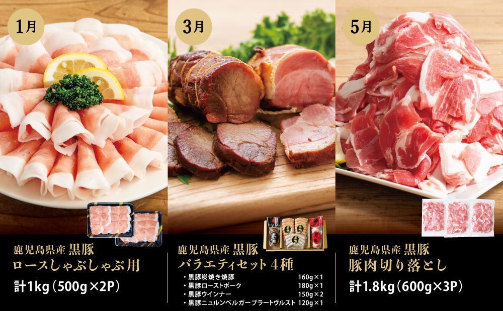 【定期便】畜産王国鹿児島の厳選黒豚定期便（全6回） お肉 国産 鹿児島県産 豚肉 しゃぶしゃぶ とんかつ 焼肉 焼き肉 切り落とし 焼豚 チャーシュー ローストポーク セット 食べ比べ コワダヤ スターゼン 万世ストアー 焼肉次郎長 南さつま市