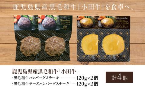 【プレミアムブランド】鹿児島県産黒毛和牛「小田牛」 牛肉100％ 2種類のハンバーグステーキ 計4個（120g×各2個）