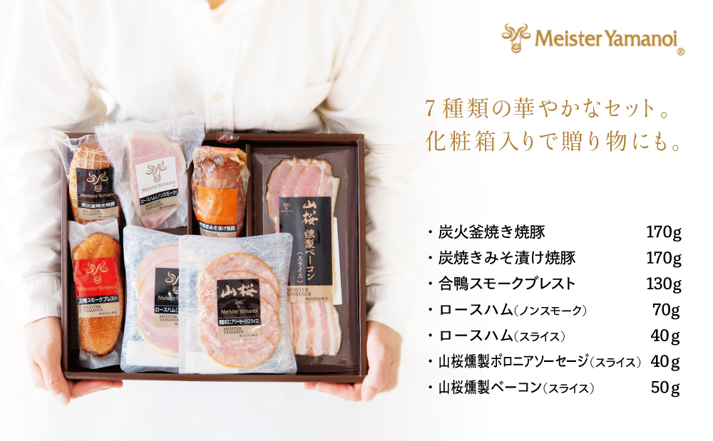 【マイスター山野井】炭焼き焼豚と合鴨スモークの詰め合わせ（7種） チャーシュー ハム 焼き豚 ロースハム 合鴨 ソーセージ オードブル 惣菜 おかず おせち パーティー 手土産 ギフト 贈り物 贈答用 冷蔵 南さつま市