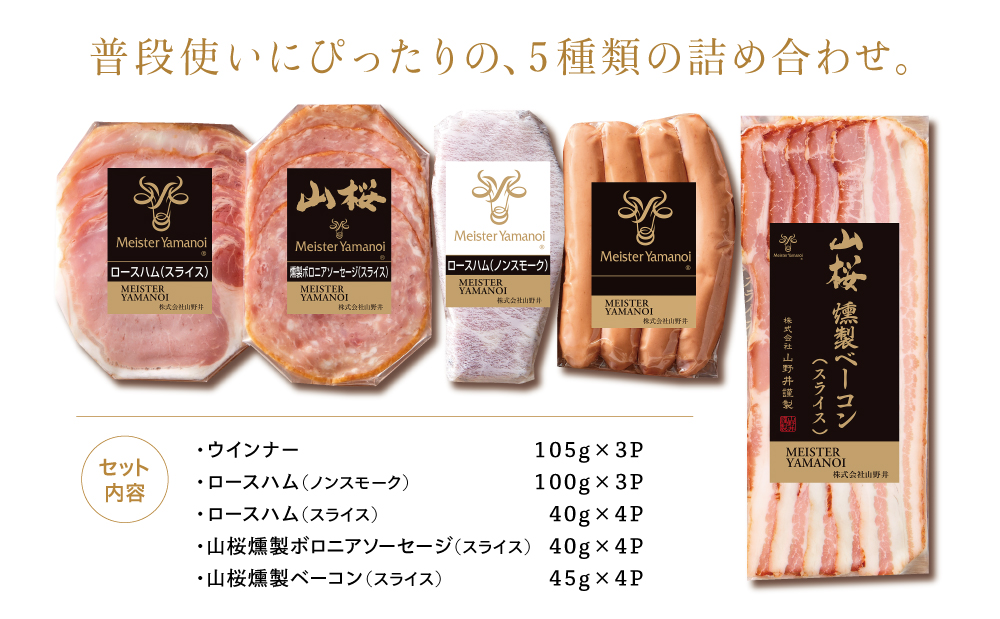 【マイスター山野井】ハム・ソーセージ 5種 詰合せ 計18P ウインナー ベーコン ハム スライス お取り寄せ 肉 豚肉 ご当地 鹿児島 グルメ ロースハム オードブル 惣菜 おかず おせち パーティー 手土産 ギフト 贈り物 贈答用 ご贈答 詰め合わせ セット 冷蔵 南さつま市