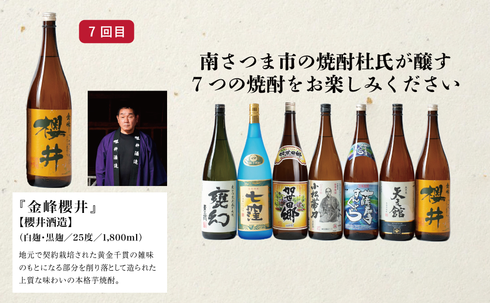 【定期便 全7回】本格芋焼酎 蔵元厳選定期便 一升瓶コース 1.8L×7回 焼酎 芋焼酎 飲み比べ セット ハイボール 1.8L 1,800ml 定期便 本坊酒造 東酒造 萬世酒造 吹上焼酎 杜氏の里笠沙 宇都酒造 櫻井酒造 鹿児島県 南さつま市