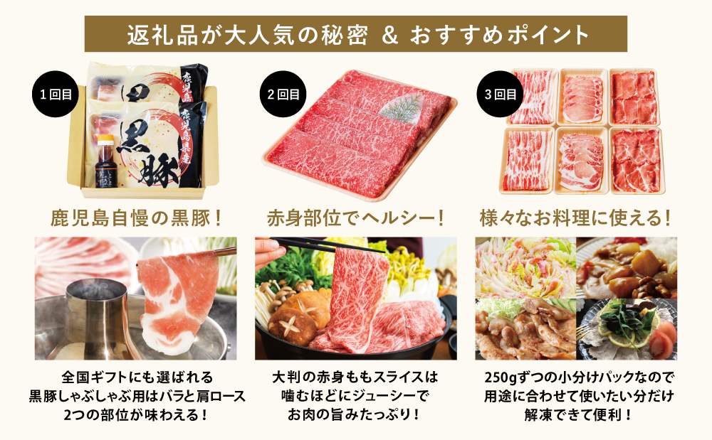 【 定期便 】 畜産王国 鹿児島の厳選 お肉 3種（全3回）人気のお肉返礼品を楽しめる 3種類 鹿児島県産 黒毛和牛 牛肉 豚肉 黒豚 すき焼き しゃぶしゃぶ ロース 肩ロース 豚バラ バラスライス お肉 冷凍 小分け 定期便 定期配送 セット