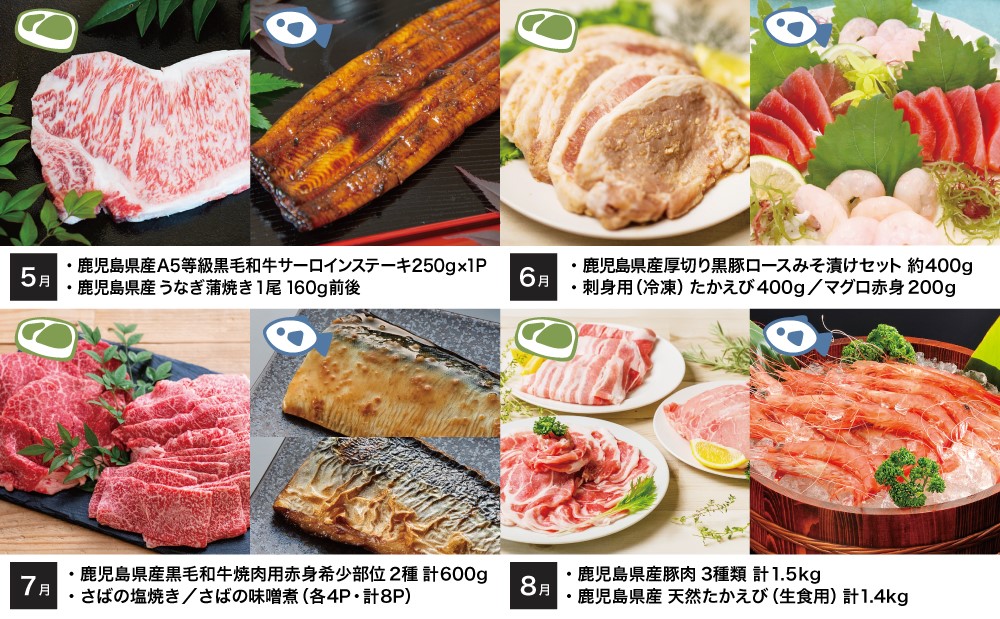 【定期便】海幸山幸 エクストラ厳選 定期便（全12回） お肉 お魚 豚肉 牛肉 黒豚 鹿児島黒牛 すき焼き サーロイン ステーキ しゃぶしゃぶ 角煮 鰻 蒲焼 刺身用 たかえび 薩摩甘えび 海老 マグロ さつま揚げ 焼豚 ハム レトルト ハンバーグ 出汁 鰹節