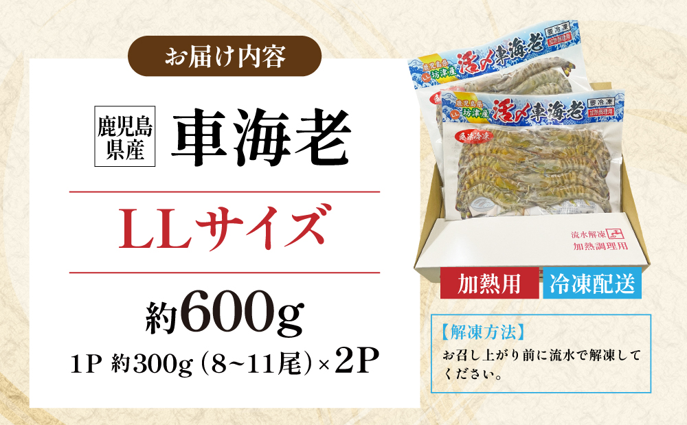 【鹿児島県産】冷凍 車海老 LLサイズ 600g （加熱用） 車エビ 車えび くるまえび 海老 エビ えび 海の幸 海鮮 九州 国産 魚介 魚介類 真空パック 天ぷら エビフライ エビチリ 冷凍 南さつま市