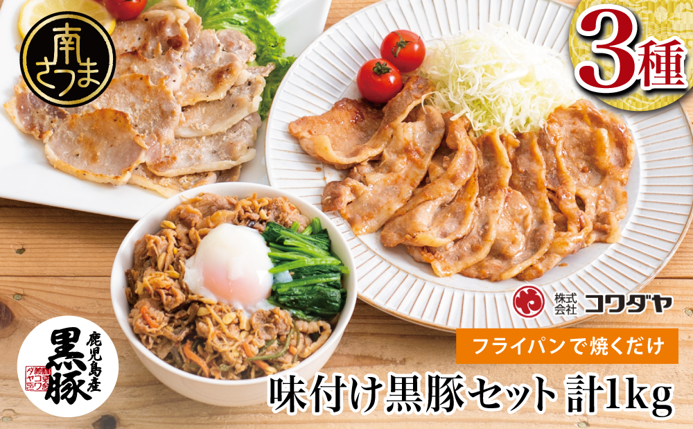 【鹿児島県産】味付け黒豚セット 3種類 計1kg（ネギ塩、生姜焼き、ビビンバ）