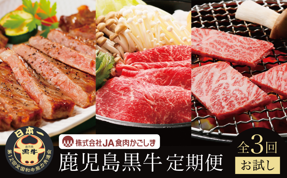【JA食肉かごしま】鹿児島黒牛お試し定期便（全3回） 和牛日本一の「鹿児島黒牛」 お肉 ステーキ すき焼き しゃぶしゃぶ 黒毛和牛 牛肉 定期便 南さつま市
