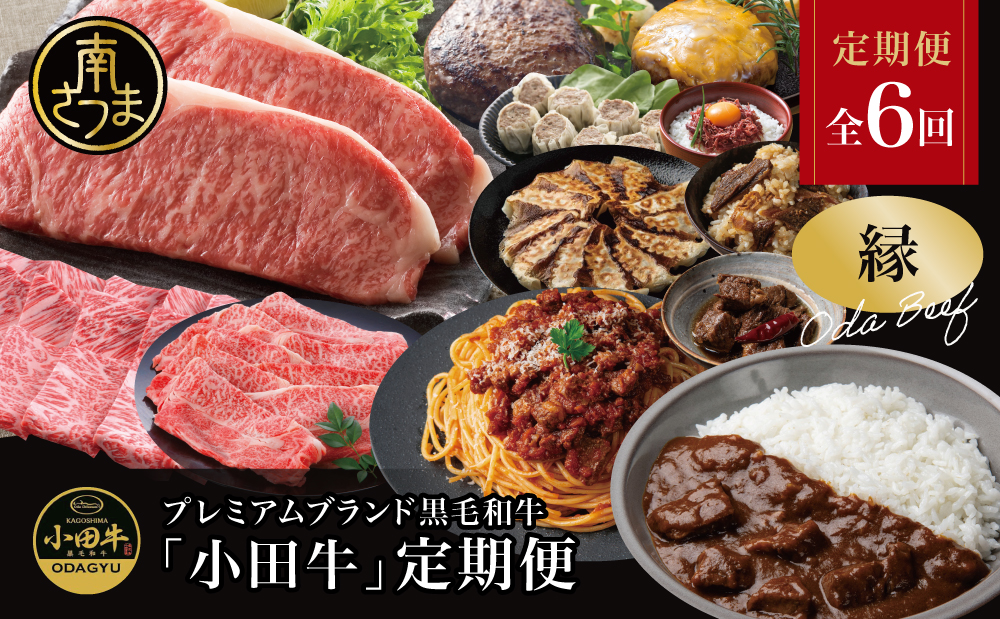 【全6回】プレミアムブランド「小田牛」定期便［～縁～］ 鹿児島県産 黒毛和牛 ステーキ すき焼き 焼肉 焼き肉 BBQ ハンバーグ 餃子 ぎょうざ 焼売 しゅうまい レトルト カレー パスタソース 牛トロ煮込み 常温 冷凍 小田畜産 南さつま市