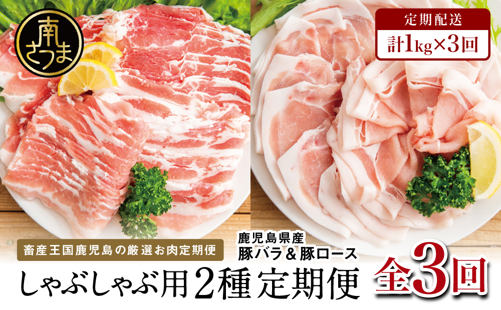 【定期便 全3回】カミチクのしゃぶしゃぶ用 豚肉 2種類 計1kg × 3回 ～鹿児島県産 ロース ＆ バラ 合計3kg 豚肉 ローススライス バラスライス 豚バラ しゃぶしゃぶ グルメ 小分け 冷凍 カミチク 南さつま市