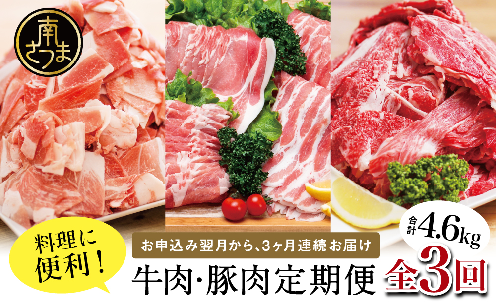 【 定期便 全3回 】 鹿児島県産 便利な牛肉・豚肉定期便 計4.6kg 人気のお肉返礼品を楽しめる 3種類 こま切れ 切落し 切り落とし 鹿児島県産 ブランド牛 牛肉 豚肉 しゃぶしゃぶ ロース 肩ロース 豚バラ バラスライス お肉 冷凍 小分け 定期便 定期配送 セット