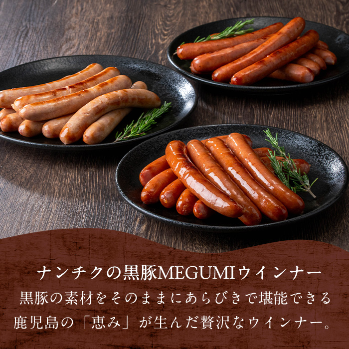 豚の飼養頭数日本一！鹿児島県産黒豚ハムセット1.4kg超！(黒豚手巻ロースハム約700g・黒豚黒豚MEGUMIウインナー3種 プレーン・ジンジャー・ガーリック各1P(144g)・黒豚生ハムスライス100g・黒豚炭火焼豚220g) 小分け 黒豚 鹿児島県産 b2-028