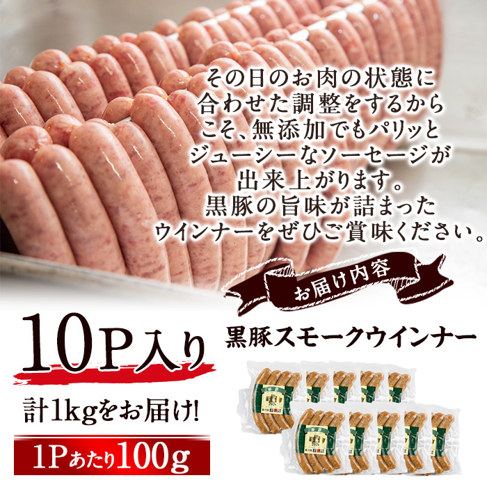 【無添加】【ギフト対応】「福別府農場」鹿児島黒豚無添加スモークウインナー 計1kg(100g×10P) b6-024