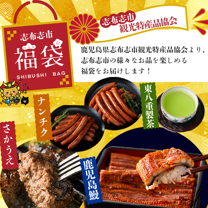 志布志市福袋！！鰻とお肉のおかず(名水慈鰻2尾＆里山牛ハンバーグ4個＆黒豚MEGUMIウインナー2P＆お茶 総計約1kg) うなぎ 鰻 蒲焼き ハンバーグ ウインナー 黒豚 b8-036