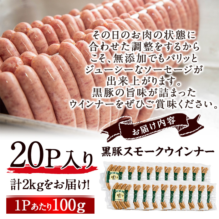 【無添加】【ギフト対応】「福別府農場」鹿児島黒豚無添加スモークウインナー 計2kg(100g×20P) e0-055