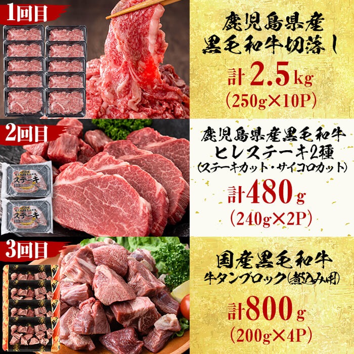 【定期便・全12回】＜A5等級＞鹿児島県産黒毛和牛＆国産牛タン プレミアム！牛肉満喫コース＜計12kg超＞ 定期便 牛肉 肉 1年 12回 12ヶ月 お楽しみ バラエティ 小分け 牛たん すき焼き しゃぶしゃぶ ステーキ 焼肉 セット 頒布会 	t026-001