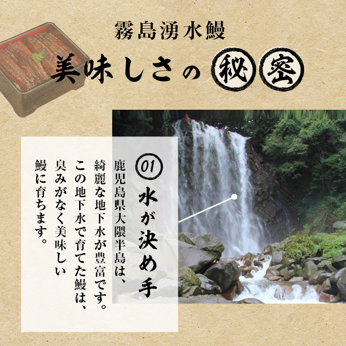 【志布志市人気No.1お礼の品】霧島湧水鰻の蒲焼き 160g以上×4尾＜計640g以上＞　うなぎ 鰻 ウナギ 4尾 国産 九州産 蒲焼き かばやき 冷凍 うな重 ひつまぶし タレ 山椒 ランキング 人気 b3-018