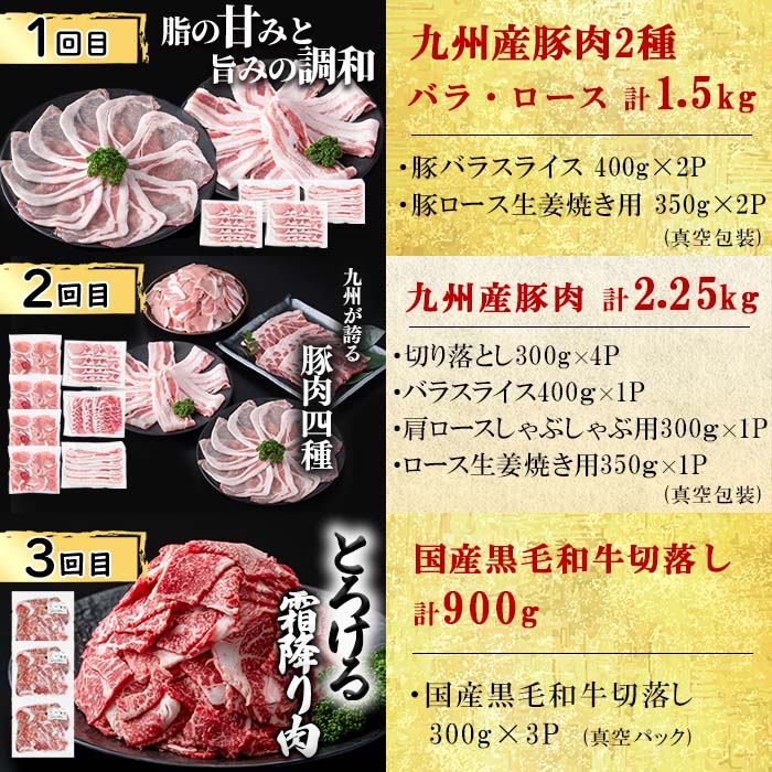 【定期便全5回】生活支援定期便(5ヶ月連続・総量8.5kg以上)国産牛 九州産 豚 豚肉 肉 牛肉 国産 しゃぶしゃぶ 豚バラ 切り落し 大容量 人気 小分け 真空包装 t0061-002