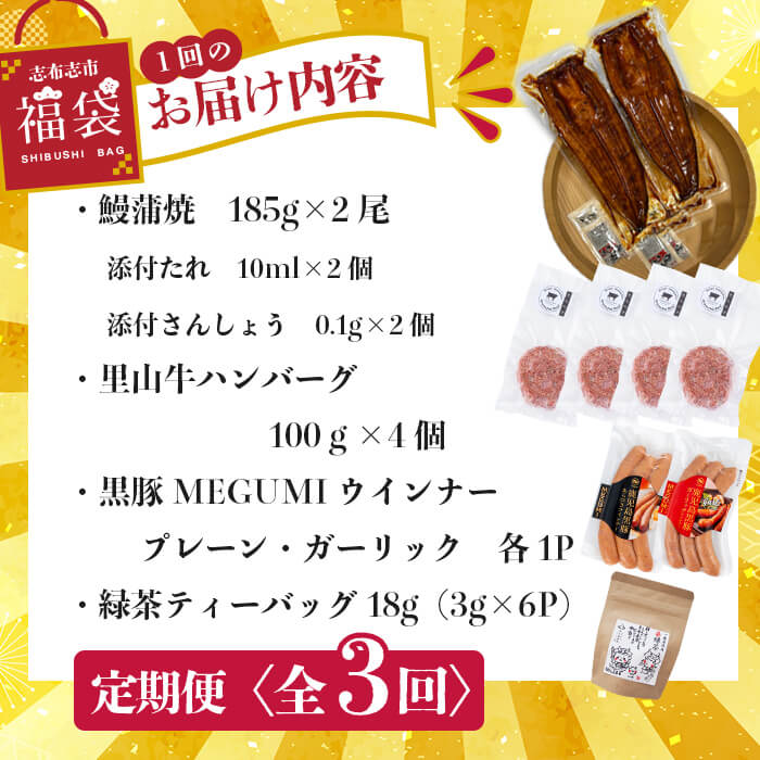 【定期便全３回】志布志市福袋！鰻とお肉のおかず(名水慈鰻2尾＆里山牛ハンバーグ4個＆黒豚MEGUMIウインナー2P＆お茶セット 総計約3kg) うなぎ 鰻 蒲焼き 鹿児島 ハンバーグ 冷凍 ウインナー 黒豚 緑茶 t0084-010