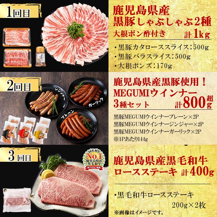 【定期便・全6回】鹿児島県産黒豚・黒毛和牛満喫コース！ 総量4.5kg超! ?牛肉 豚肉 鹿児島県産 九州産 国産 黒毛和牛 ステーキ すきやき しゃぶしゃぶ 焼肉 BBQ ウインナー ソーセージ ハム ハムカツ 定期便 t0088-002