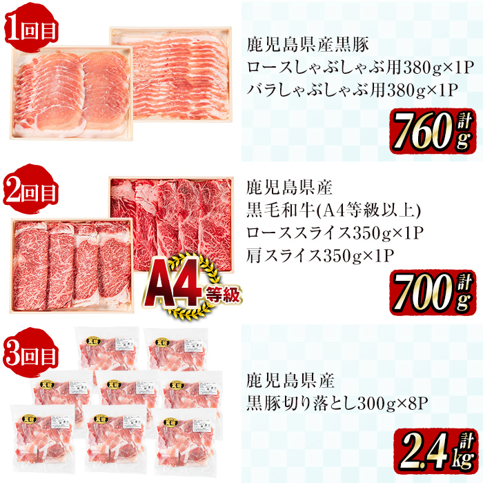 【定期便全6回】黒毛和牛・黒豚を交互にお届け！＜志布志牛・豚 満足定期コース＞計6.3kg超！定期便 牛肉 豚肉 サーロイン スライス 切り落とし 黒豚 ロース 豚ロース 豚バラ しゃぶしゃぶ すき焼き 焼肉 国産 t0100-026-02