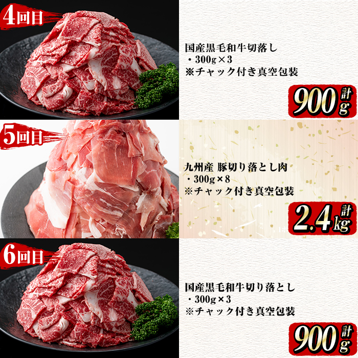 【定期便全12回】牛・豚堪能定期便(12ヶ月連続・計15.7kg超) 黒毛和牛 国産牛 九州産 豚 豚肉 肉 牛肉 国産 4等級 訳あり 小分け 真空包装 冷凍 t0194-002