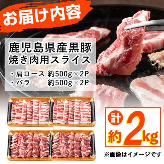 鹿児島県産黒豚焼肉セット(計2kg・黒豚肩ロース焼肉500g×2P 黒豚バラ焼肉500g×2P) b1-008