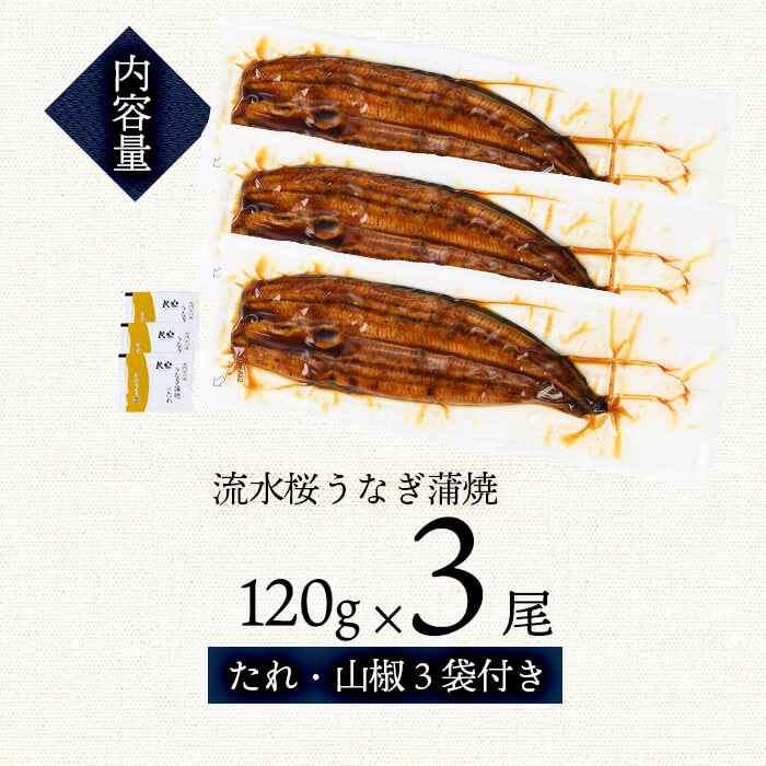 うなぎの柳澤 流水桜うなぎの蒲焼き 計3尾＜計360g＞ うなぎ 鰻 ウナギ 国産 鹿児島県産 九州産 蒲焼き 冷凍 うな重 ひつまぶし a4-096