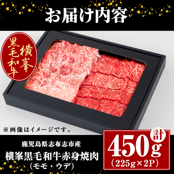 鹿児島県志布志市産横峯黒毛和牛の赤身焼肉(計450g・225g×2P) 鹿児島県産 国産 牛肉 牛 赤身 赤身肉 焼き肉 希少牛 手切り モモ ウデ バーベキュー BBQ b0-195