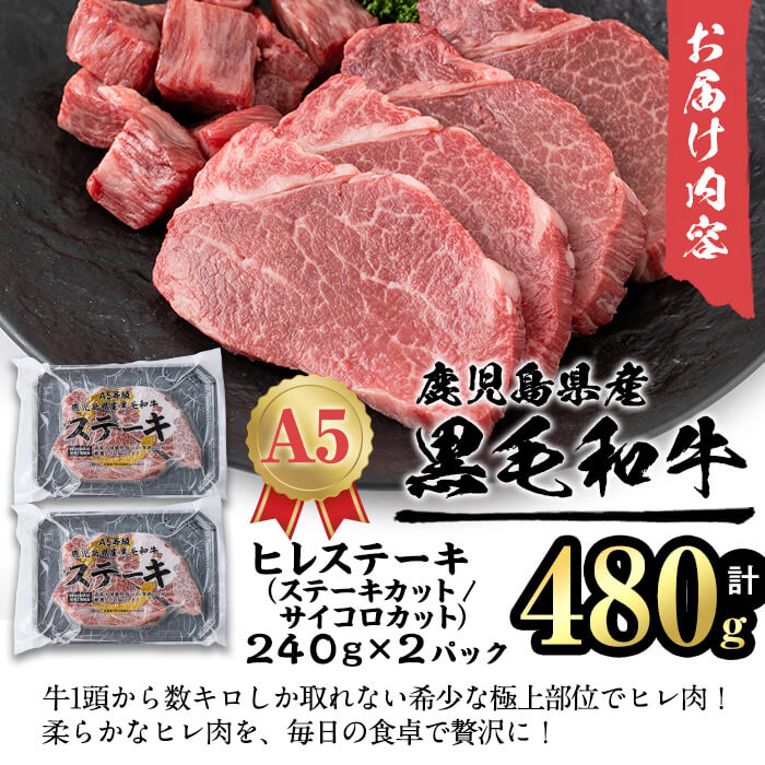 【小分け】＜A5等級＞鹿児島県産黒毛和牛 ヒレステーキ2種盛(240g×2パック/計480g) 肉 牛肉 鹿児島県産 国産 小分け ステーキ ステーキ肉 ヒレ ヒレ肉 黒毛和牛 希少部位 A5 赤身 全国和牛能力共進会 サイコロ セット b6-023