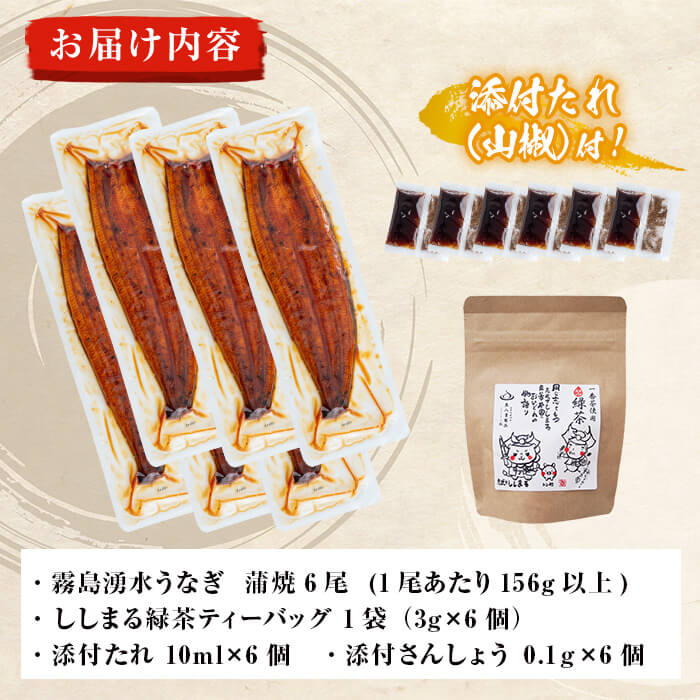 霧島湧水鰻6尾＆ししまるお茶セット 霧島湧水鰻(156g以上×6尾)＆緑茶ティーバッグ(3g×6個) 鹿児島県産 うなぎ ウナギ たれ タレ さんしょう 山椒 セット 緑茶 お茶 うな重 c8-031