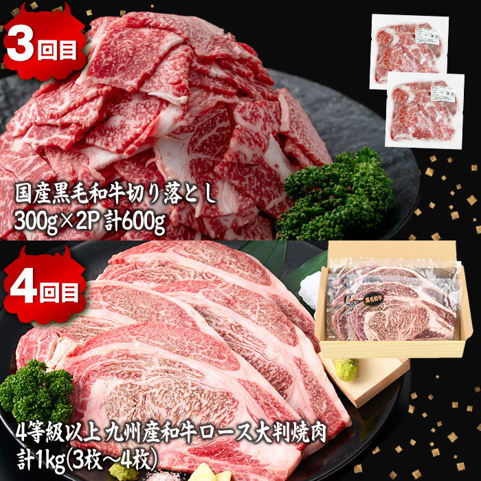【定期便全4回】ししまる牛・豚定期便B(4ヶ月連続・計4.4kg) 黒毛和牛 国産牛 九州産 豚 豚肉 肉 牛肉 国産 小分け 真空包装 冷凍 t0051-002