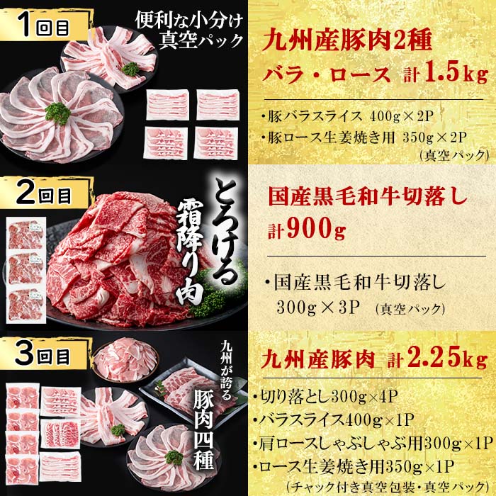 【定期便全6回】大満足！和牛・豚肉定期便(6ヶ月連続・総量8kg以上) 黒毛和牛 国産牛 九州産 豚 豚肉 肉 牛肉 国産 しゃぶしゃぶ 豚バラ 切り落し 大容量 人気 4等級 小分け 真空包装 t0078-003
