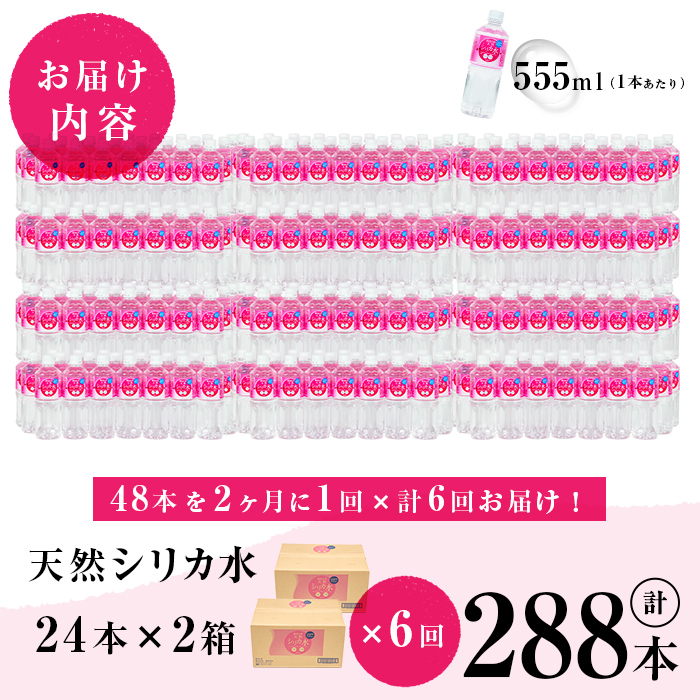 【定期便・全6回】天然シリカ水 555ml 48本(2ケース)×6回 計159L超 t0072-006