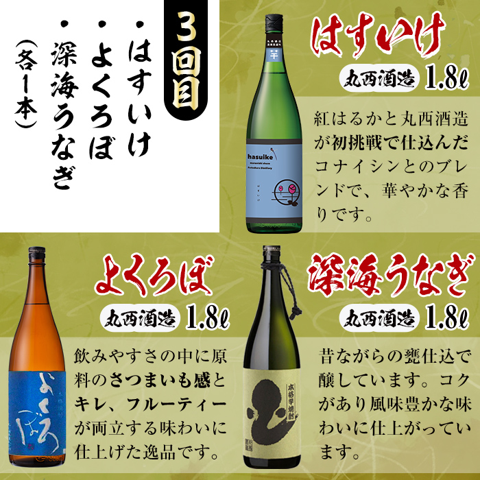 【定期便・全3回】丸西酒造厳選焼酎定期便 (計9本・各1.8L) t008-003