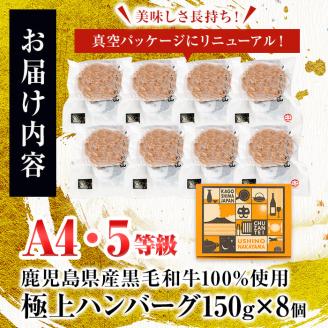 ＜A4・A5等級＞鹿児島県産 黒毛和牛100%使用 極上ハンバーグ(計1.2kg・150g×8個) a6-027