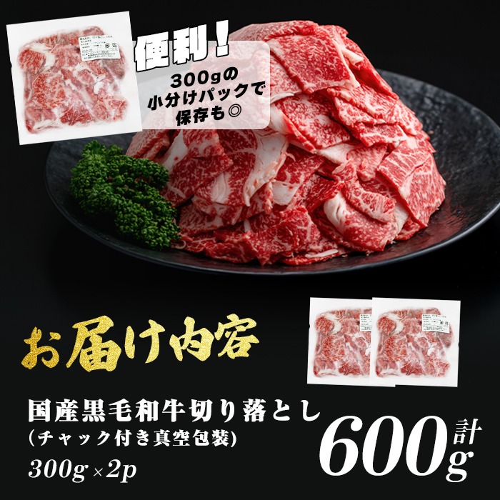 国産黒毛和牛切落し計600g（300g×2P） 牛肉 牛 切り落とし 切落し 小間切れ 小分け 真空パック 牛丼 カレー 肉じゃが 真空パック 黒毛和牛 a0-374