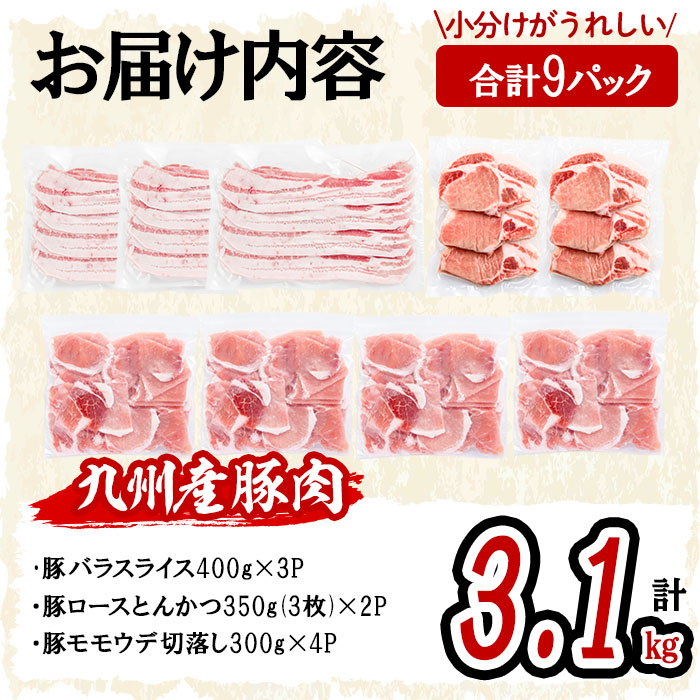 小分け・真空パック!九州産豚肉3種(計3.1kg)? 小分け 真空パック 豚肉 豚 ロース バラ モモ ウデ バラエティ セット とんかつ とんてき 野菜炒め a5-319