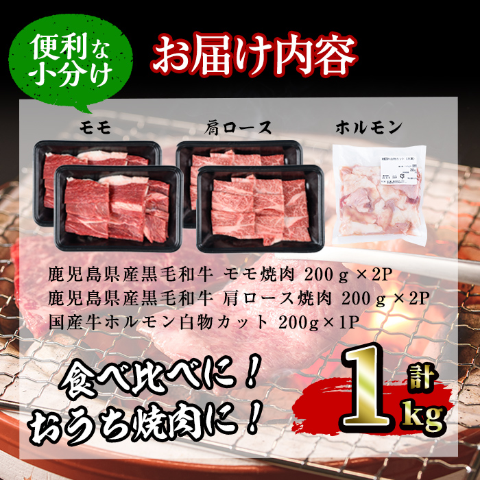 【焼肉3種！食べ比べセット】鹿児島県産黒毛和牛 モモ・肩ロース・国産ホルモンの焼肉3種セット＜計1kg＞ 牛肉 肉 焼肉 セット 焼肉セット 焼き肉 小分け 食べ比べ 赤身 霜降り ホルモン やきにく BBQ b2-030