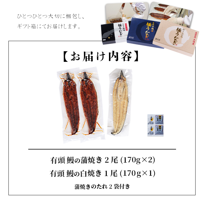 楠田の極うなぎ 蒲焼き2尾・白焼き1尾170g以上×3尾(510g以上) b2-011
